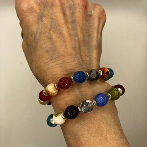 Gemstone Bracelets Fire Crackle Agate STRETCH Bracelets Tibetan Spacers Set of 2